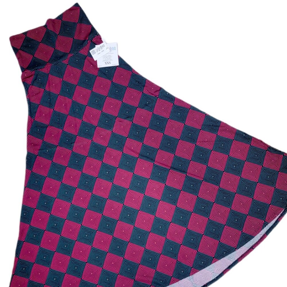 LuLaRoe Maxi Skirt XXS Geometric Squares Red Green Op-Art Yoga Band A-Line